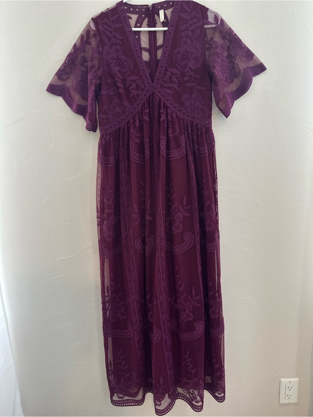 PinkBlush Burgundy Lace Mesh Overlay Maternity Maxi Dress - Picture 5 of 8